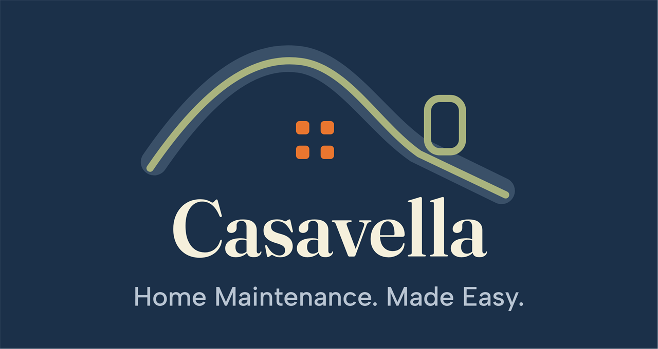 Casavella wordmark and house icon on the app's navy brand background