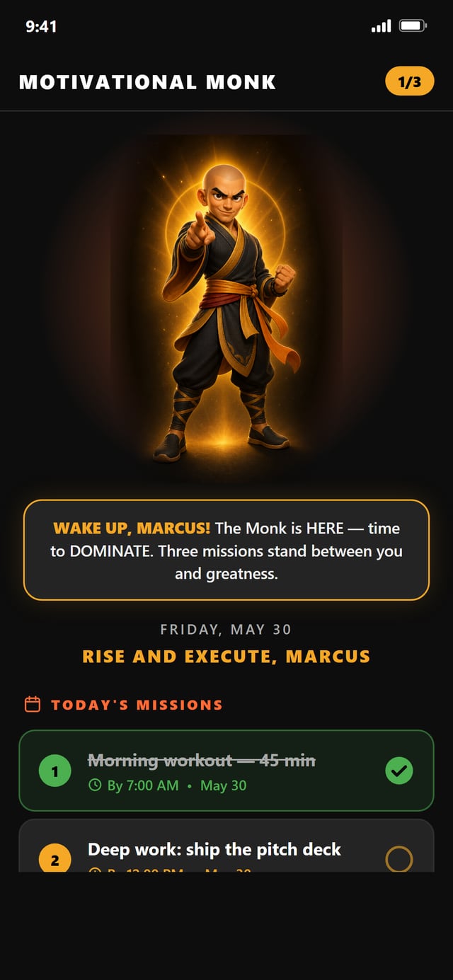 Motivational Monk app home screen showing the Monk avatar and today's missions