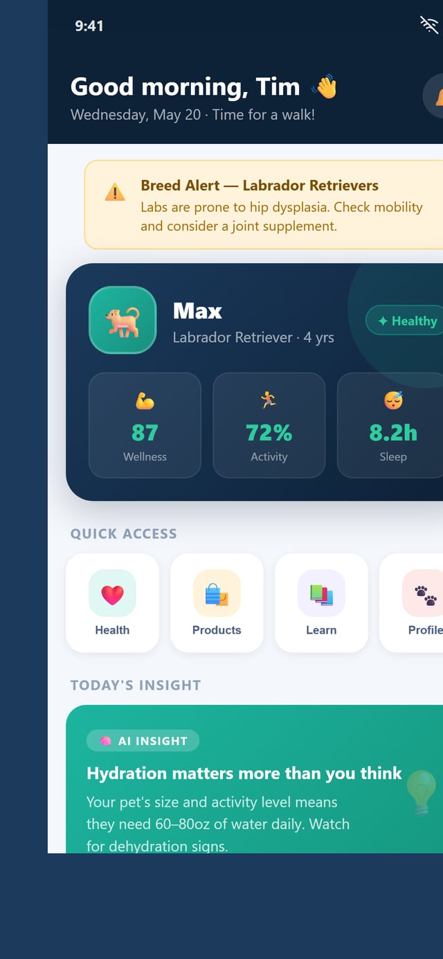 Pet Maven app home screen showing pet wellness scores and AI insights