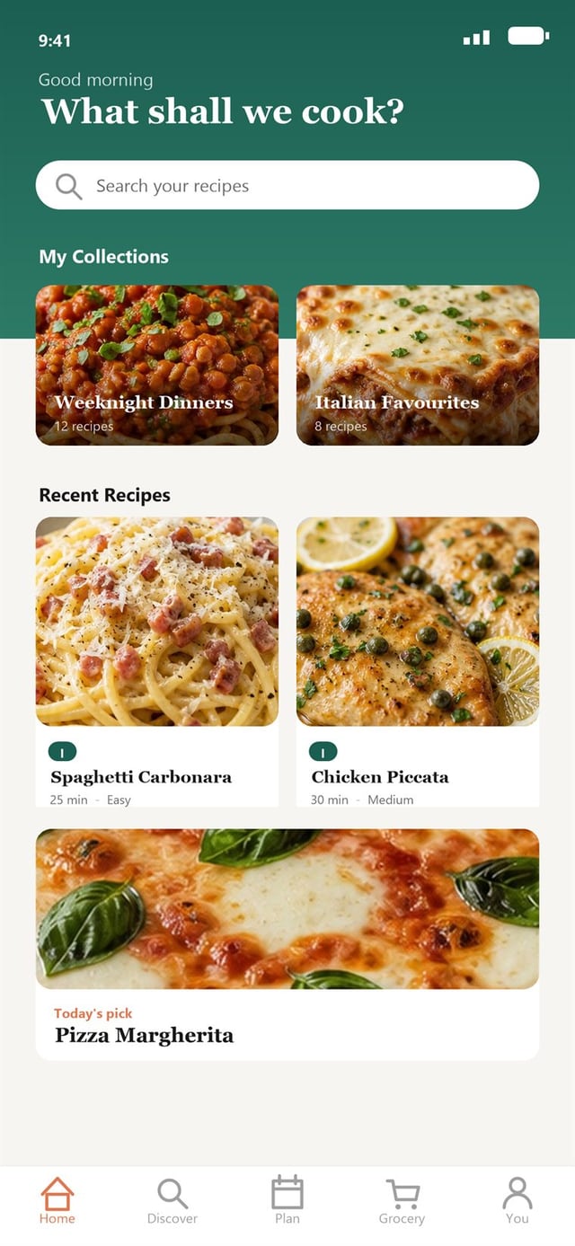 Sapori app home screen showing recipe collections and recent recipes