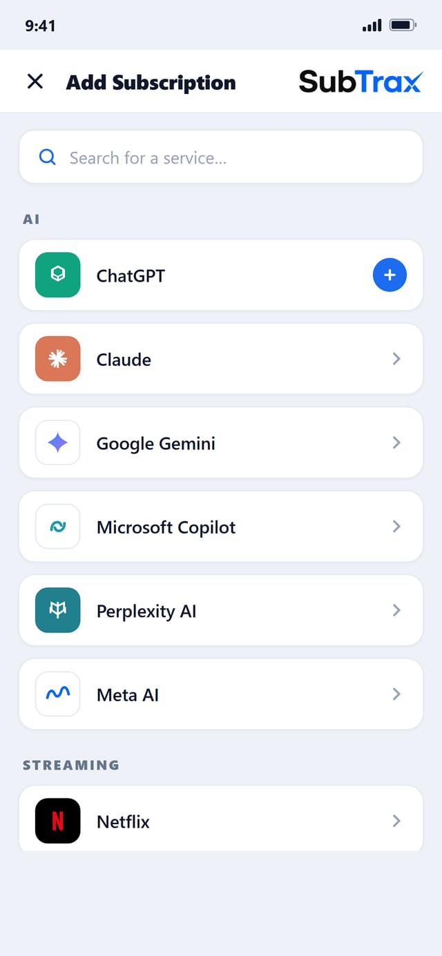 SubTrax app add-subscription screen with a searchable catalog of services
